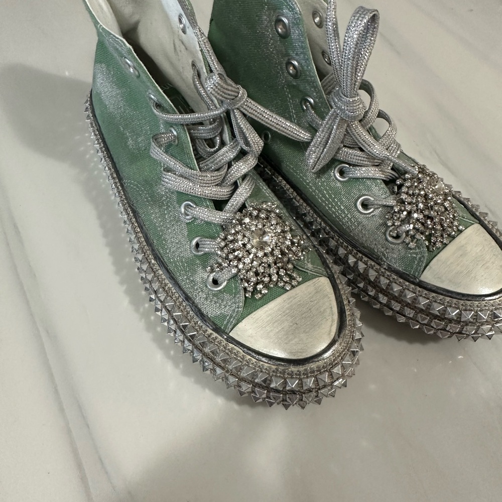 Nan-Ku studded Green and Silver Embellished High-Top Sneakers. New